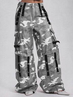 Grunge Punk Street Style Camouflage Print Colorblock Metal Rivet Webbing Cross Patch Pocket Design Super Loose Wide Leg Denim Jeans