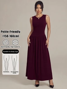 SHEIN PETITE 女款純色百褶休閒成熟優雅派對辦公晚餐洋裝 酒紅色 夏季 - 中紫紅色 - 查看 10