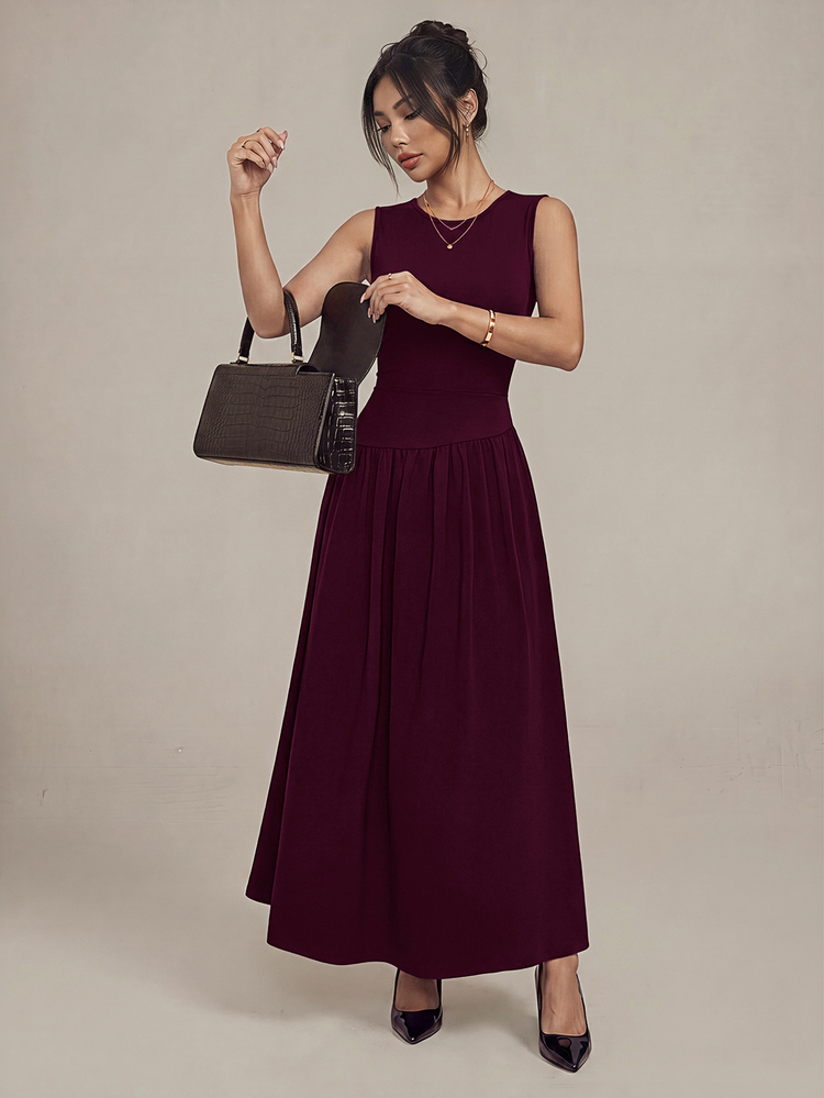 Sinnesro Women's Solid Color Pleated Casual Mature Elegant Party Office Dinner Dress Burgundy Summer - Red Violet - View 11