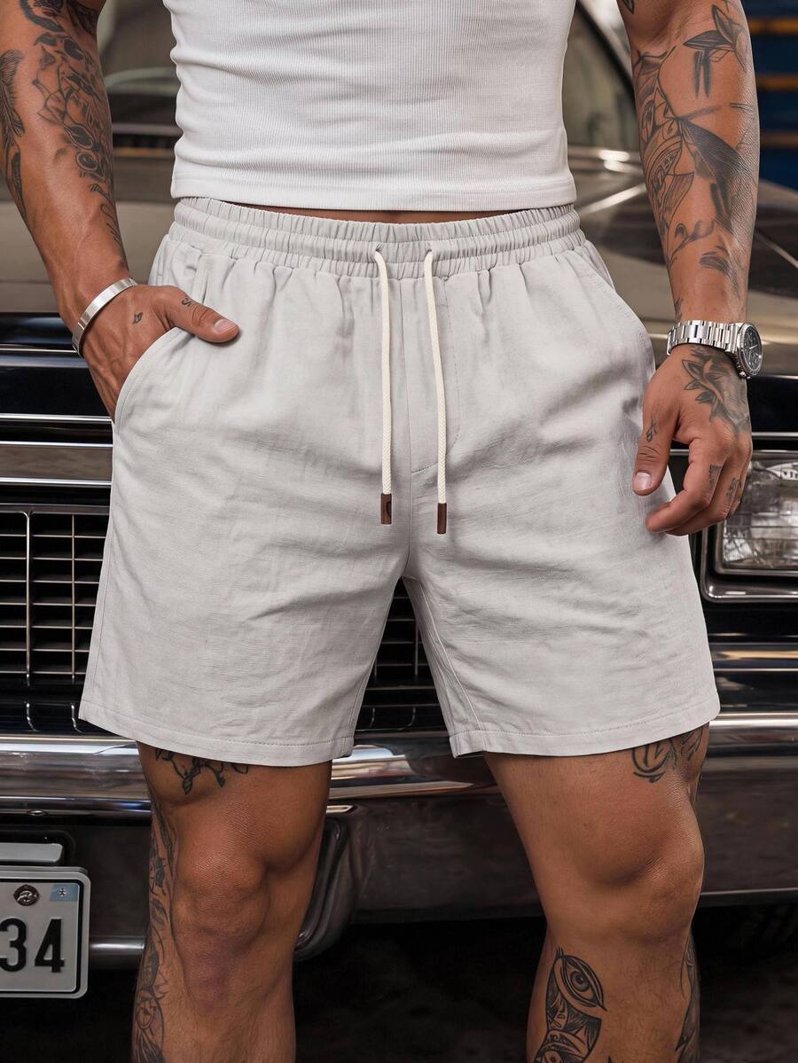 GETOML HIMLAND Men's Casual Summer Light Grey Linen Shorts, Elastic Drawstring Waist Slant Pocket Beach Shorts, Lightweight Breathable Vacation Bottoms , Football - Apricot - View 1