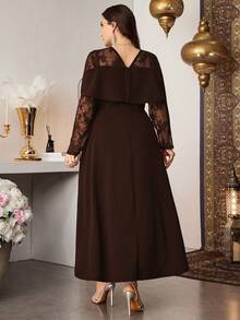 Modelyn Elegant Solid Color Contrast Lace Long Sleeve Waist Fit A-Line Plus Size Dress, Suitable For Spring And Autumn Fall - Brown - View 2
