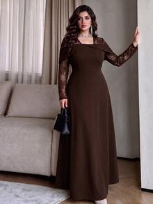 Modelyn Elegant Solid Color Contrast Lace Long Sleeve Waist Fit A-Line Plus Size Dress, Suitable For Spring And Autumn Fall - Brown - View 1