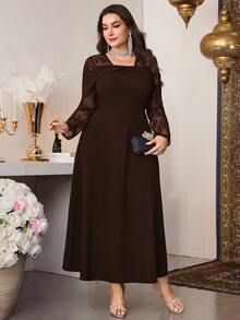 Modelyn Elegant Solid Color Contrast Lace Long Sleeve Waist Fit A-Line Plus Size Dress, Suitable For Spring And Autumn Fall - Brown - View 4