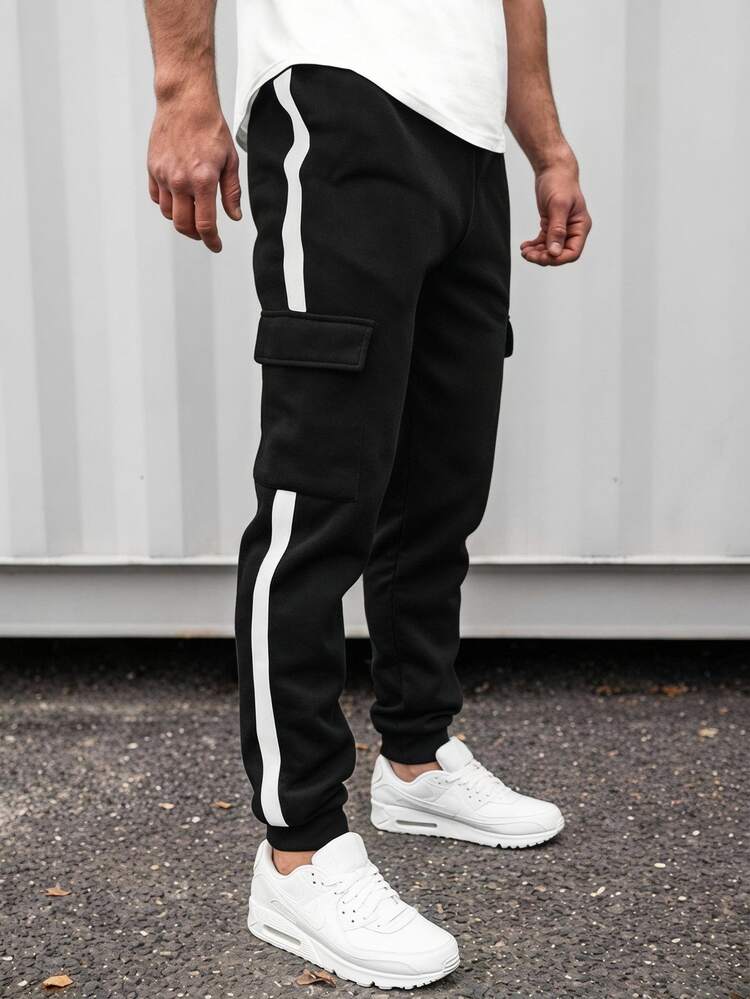 SHEIN Teen Boys' Casual Stripe Grey & Black Webbing Pocket Drawstring Sweatpants Set, Suitable For Autumn, Winter, Warmth, Schoolwear, Daily Wear, Sports, Birthday Party, Outings. All-Match, Simple, Fleece-Lined - Black - View 1