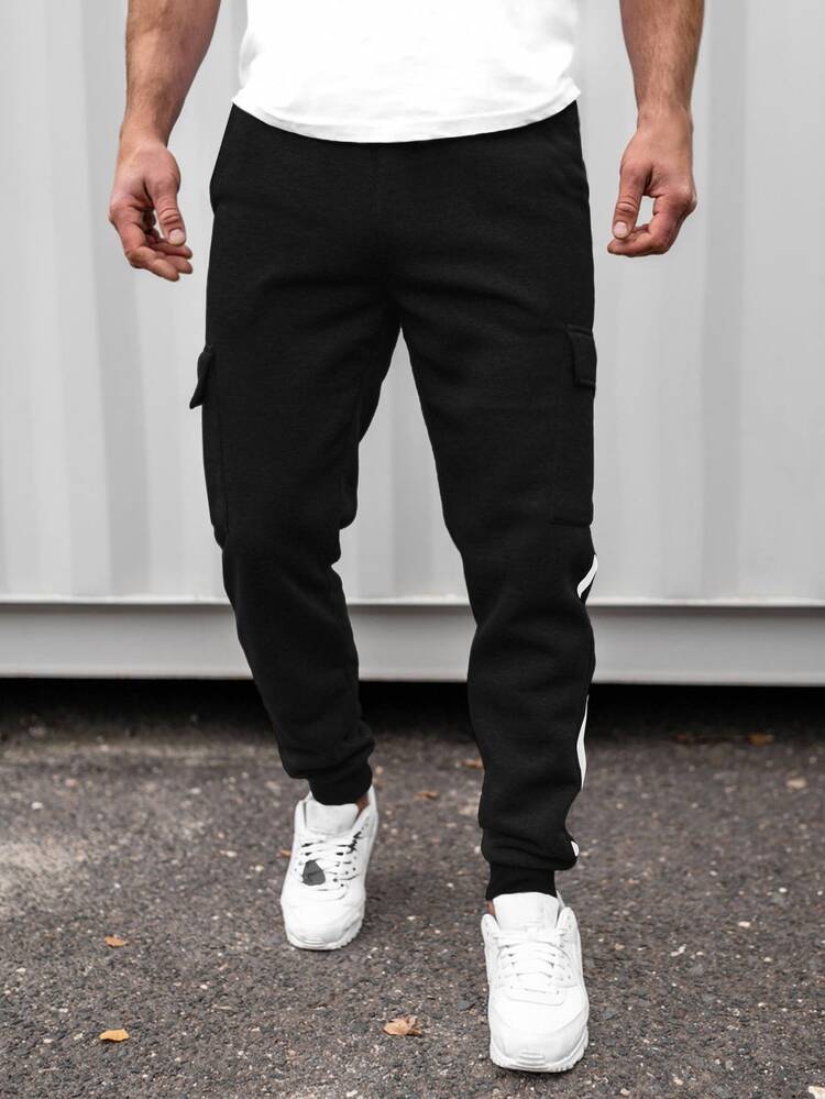 SHEIN Teen Boys' Casual Stripe Grey & Black Webbing Pocket Drawstring Sweatpants Set, Suitable For Autumn, Winter, Warmth, Schoolwear, Daily Wear, Sports, Birthday Party, Outings. All-Match, Simple, Fleece-Lined - Black - View 4