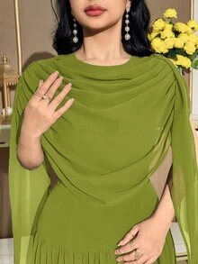 Feyla 女款純色垂墜優雅披肩袖中長洋裝，夏季派對晚餐洋裝，橄欖綠 - 綠色 - 查看 2