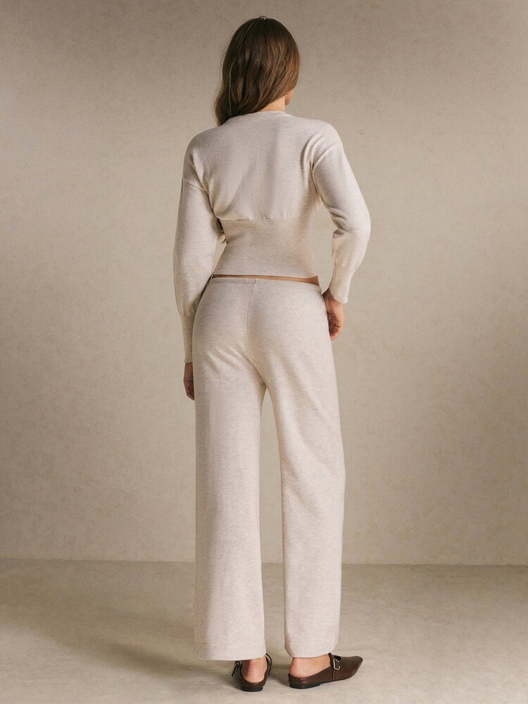 Poéselle Women's Oatmeal Knit Two-Piece Set – Slim-Waist Button-Front Cardigan And Drawstring Wide-Leg Pants Matching Co-Ord Chic Women Fall/Winter Sets Basic - Apricot - View 7