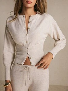 Poéselle Women's Oatmeal Knit Two-Piece Set – Slim-Waist Button-Front Cardigan And Drawstring Wide-Leg Pants Matching Co-Ord Chic Women Fall/Winter Sets Basic - Apricot - View 6
