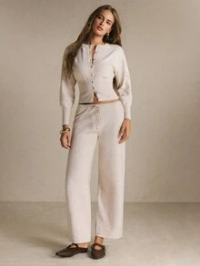 Poéselle Women's Oatmeal Knit Two-Piece Set – Slim-Waist Button-Front Cardigan And Drawstring Wide-Leg Pants Matching Co-Ord Chic Women Fall/Winter Sets Basic - Apricot - View 9