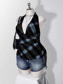 SHEIN ICON 女款大尺碼秋冬復古性感千禧風Y2K休閒深V領掛脖黑色與藍色格紋學院風細肩帶背心 - 藍色 - 查看 5