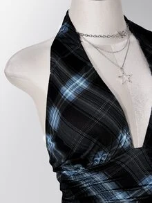 SHEIN ICON 女款大尺碼秋冬復古性感千禧風Y2K休閒深V領掛脖黑色與藍色格紋學院風細肩帶背心 - 藍色 - 查看 10