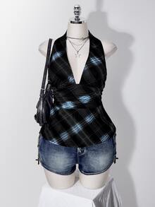 SHEIN ICON 女款大尺碼秋冬復古性感千禧風Y2K休閒深V領掛脖黑色與藍色格紋學院風細肩帶背心 - 藍色 - 查看 4