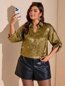 Comfylo Plus Size Leopard Print Mid-Sleeve Shirt - Gold - View 5