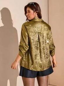 Comfylo Plus Size Leopard Print Mid-Sleeve Shirt - Gold - View 2