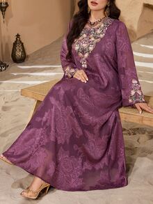 Al Najma Embroidered Floral Collar, Luxurious Lace Patchwork, Fashionable High-End Hostess Style Party Dress, Traditional Turkish/Arabic Maxi Dress, Plus Size - Dusty Pink - View 8