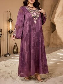 Al Najma Embroidered Floral Collar, Luxurious Lace Patchwork, Fashionable High-End Hostess Style Party Dress, Traditional Turkish/Arabic Maxi Dress, Plus Size - Dusty Pink - View 6