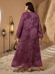 Al Najma Embroidered Floral Collar, Luxurious Lace Patchwork, Fashionable High-End Hostess Style Party Dress, Traditional Turkish/Arabic Maxi Dress, Plus Size - Dusty Pink - View 3