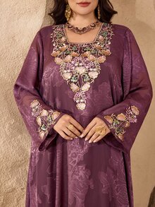 Al Najma Embroidered Floral Collar, Luxurious Lace Patchwork, Fashionable High-End Hostess Style Party Dress, Traditional Turkish/Arabic Maxi Dress, Plus Size - Dusty Pink - View 5