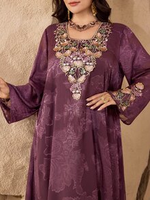 Al Najma Embroidered Floral Collar, Luxurious Lace Patchwork, Fashionable High-End Hostess Style Party Dress, Traditional Turkish/Arabic Maxi Dress, Plus Size - Dusty Pink - View 7