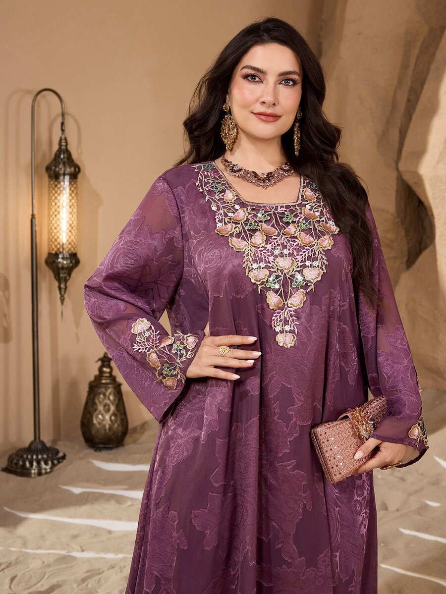 Al Najma Embroidered Floral Collar, Luxurious Lace Patchwork, Fashionable High-End Hostess Style Party Dress, Traditional Turkish/Arabic Maxi Dress, Plus Size