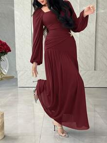Feyla 女士优雅方领褶皱连衣裙 - 酒紅色 - 查看 6