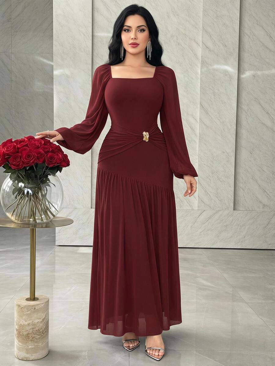 Feyla 女士优雅方领褶皱连衣裙