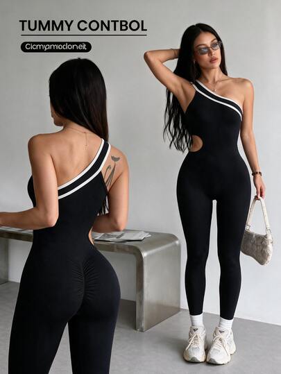 Dewbera Dewbera 1pc Black And White Ribbed One Shoulder Sports Jumpsuit, Contrast Trim, Cutout, Bodycon Fit, Workout Gym Workout Summer Modest Athletic