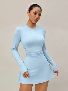 Dewbera Dewbera 女士长袖圆领抽绳腰运动连衣裙，带短裤和手机口袋，适合锻炼、户外活动和健身。 - 淺藍色 - 查看 6