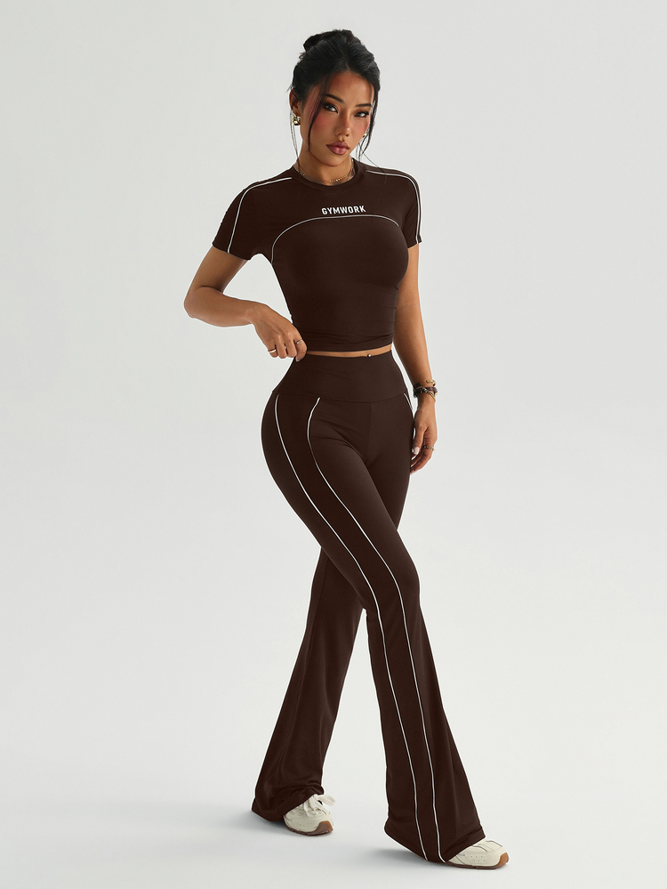 Dewbera Dewbera Women's Black & White Tight-Fitting Round Neck Short Sleeve Sports T-Shirt, Flared Sports Pants, Women's Sports Suit - Brown - View 8