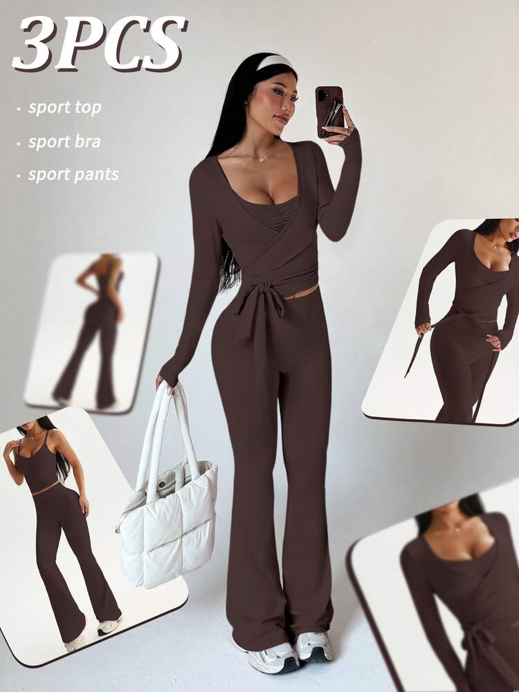 SHEIN Dewbera Women's 3-Piece Sportswear Set, Spring/Autumn/Winter, Long Sleeve Tie-Front T-Shirt With Ruched Front And High-Waist Flare Leggings, Suitable For Casual Wear, Running, Yoga, Gym, Tennis And All Seasons - Brown - View 2