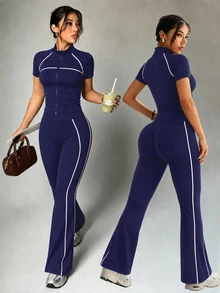 Dewbera Dewbera Women's Sports Set Navy Blue Tight Fit Raglan Short Sleeve Color Block Full Zip Jacket Split Flare Pants Athleisure Gym Workout Summer - Navy Blue - View 6