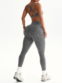 Dewbera Dewbera 1 Set Women's Leopard Print Twisted Cross Yoga Running Fitness Workout Sports Bra And Leggings Set - Grey - View 3