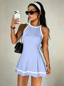 Dewbera Dewbera 2pcs Spring/Summer Women's Sports Dress, Colorblock Halter Neck, Back Strap, Hollow Out, Sleeveless, Shorts And Pockets, Gym Tennis Golf Light Blue - Blue - View 8