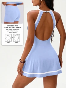 Dewbera Dewbera 2pcs Spring/Summer Women's Sports Dress, Colorblock Halter Neck, Back Strap, Hollow Out, Sleeveless, Shorts And Pockets, Gym Tennis Golf Light Blue - Blue - View 2