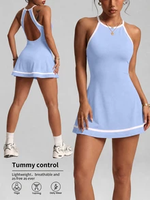 Dewbera Dewbera 2pcs Spring/Summer Women's Sports Dress, Colorblock Halter Neck, Back Strap, Hollow Out, Sleeveless, Shorts And Pockets, Gym Tennis Golf Light Blue - Blue - View 4