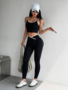Dewbera Dewbera 女士撞色滚边瑜伽上衣和紧身裤两件套健身套装，女士运动健身服，运动套装 - 黑色 - 查看 1