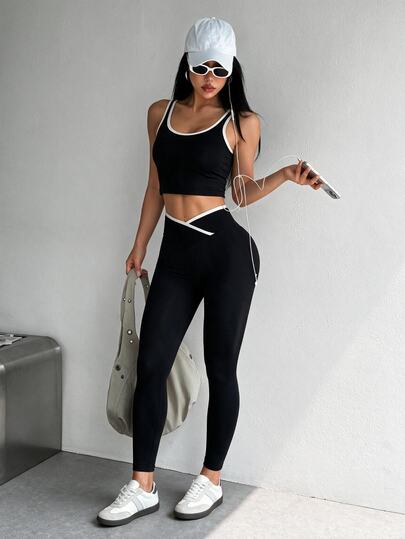 Dewbera Dewbera Women Contrast Color Trim Yoga Top Leggings 2 Pieces Gym Set, Women Athletic Athleisure Workout Clothes, Exercise Set Workout Set Gym Black Summer