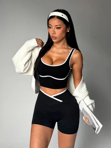 Dewbera Dewbera Women's Seamless Sports Set, Spring/Summer Gym Black And White Sporty - Black - View 7