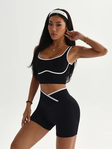 Dewbera Dewbera Women's Seamless Sports Set, Spring/Summer Gym Black And White Sporty - Black - View 5