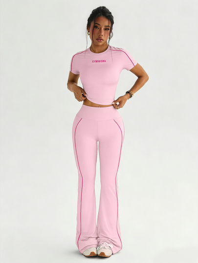 Dewbera Dewbera Conjunto deportivo para mujer con camiseta de manga corta, cuello redondo y ajustada en color rosa, y pantalones deportivos acampanados para entrenamiento y actividades al aire libre