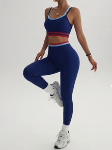 SHEIN Dewbera Women's Colorblock 2 In 1 Camisole Top And High-Waisted Leggings Casual Daily Sports Set - Navy Blue - View 7