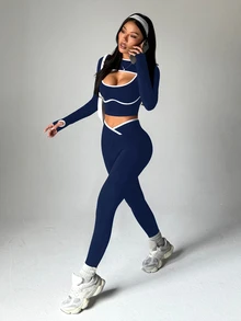 Dewbera Dewbera 3pcs Women Seamless Ribbed Sports Set, Long Sleeve Shawl Collar Top, Contrast Color Tank, High Waist Tight Leggings Navy Workout Set - Navy Blue - View 7