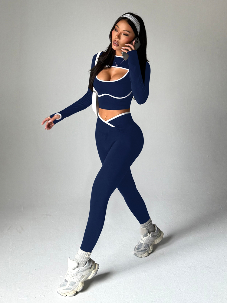 Dewbera Dewbera 3pcs Women Seamless Ribbed Sports Set, Long Sleeve Shawl Collar Top, Contrast Color Tank, High Waist Tight Leggings Navy Workout Set - Navy Blue - View 6