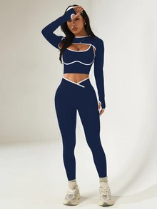 Dewbera Dewbera 3pcs Women Seamless Ribbed Sports Set, Long Sleeve Shawl Collar Top, Contrast Color Tank, High Waist Tight Leggings Navy Workout Set - Navy Blue - View 10