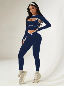 Dewbera Dewbera 3pcs Women Seamless Ribbed Sports Set, Long Sleeve Shawl Collar Top, Contrast Color Tank, High Waist Tight Leggings Navy Workout Set - Navy Blue - View 5