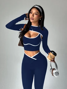 Dewbera Dewbera 3pcs Women Seamless Ribbed Sports Set, Long Sleeve Shawl Collar Top, Contrast Color Tank, High Waist Tight Leggings Navy Workout Set - Navy Blue - View 9