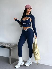 Dewbera Dewbera 3pcs Women Seamless Ribbed Sports Set, Long Sleeve Shawl Collar Top, Contrast Color Tank, High Waist Tight Leggings Navy Workout Set - Navy Blue - View 2