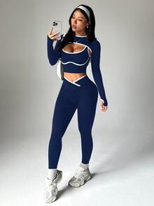 Dewbera Dewbera 3pcs Women Seamless Ribbed Sports Set, Long Sleeve Shawl Collar Top, Contrast Color Tank, High Waist Tight Leggings Navy Workout Set - Navy Blue - View 4