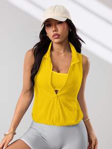 Dewbera Dewbera Solid Color Stand Collar Zipper Summer Fashion Sleeveless Sports Jacket - Yellow - View 4