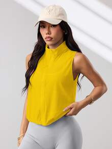 Dewbera Dewbera Solid Color Stand Collar Zipper Summer Fashion Sleeveless Sports Jacket - Yellow - View 5
